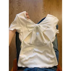 Hollow Out T Shirt Women Korean Bow Crop Top Slim Short Sleeve Tees Female Sexy Solid Summer Tshirts Femme Clothes with Pad 2024