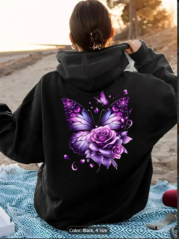 

Женская светло-серая толстовка с фиолетовым бабочкой и розовым графическим принтом, повседневный пуловер, топ, повседневный топ с длинным рукавом