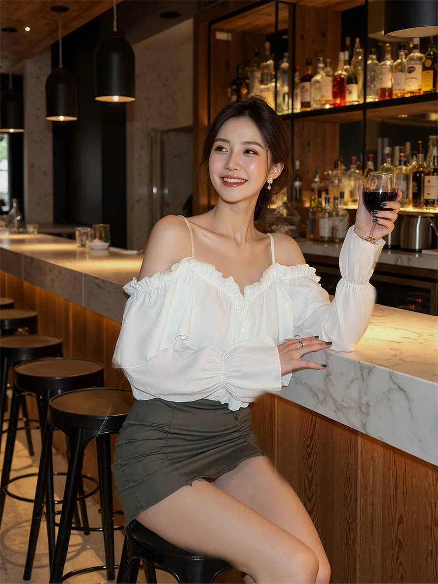 

Блузки женские с пышными рукавами, черные топы, хлопковая длинная официальная верхняя одежда, элегантная женская белая осенняя клетчатая корейская шикарная одежда