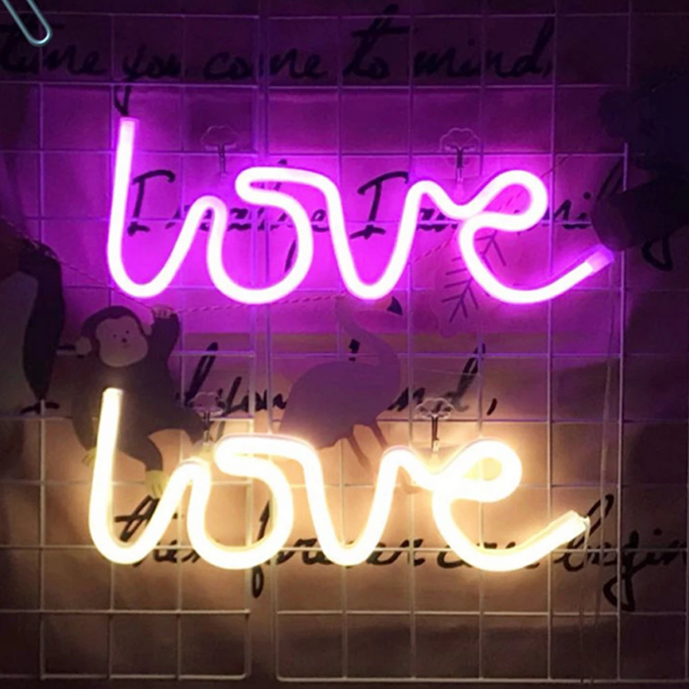 LED Neon Sign Love Shape Night Light USB Battery Powered Romantic Atmosphere Lamp for Bedroom Living Room Wedding Party Home