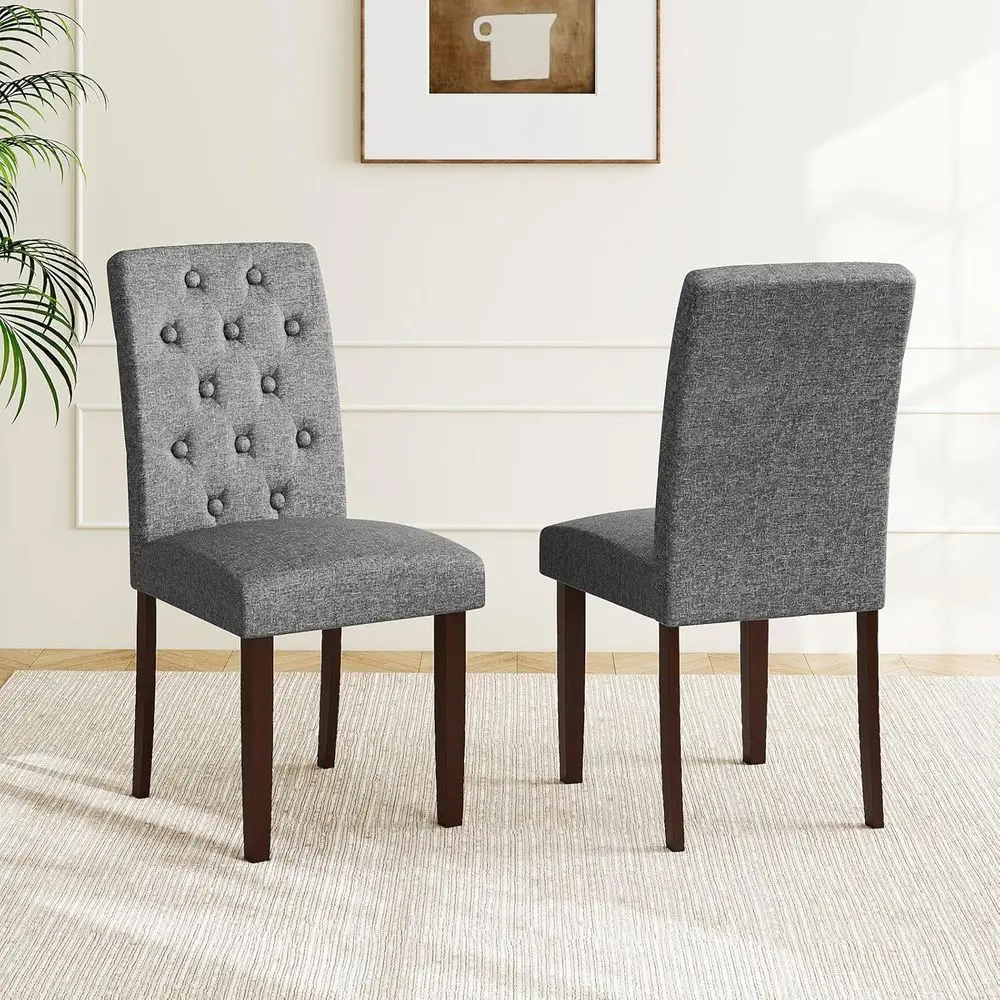 

Set of 2 Gray Button-Tufted Fabric Upholstered Dining Chairs with Rubberwood Legs and High-Curved Back