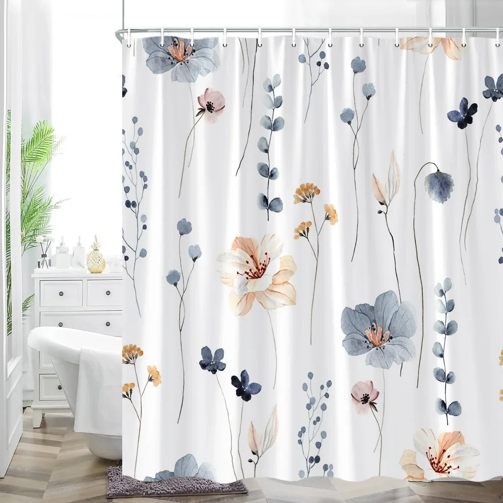 Yellow and Grey Floral Shower Curtain Watercolor Flower Shower Curtain for Bathroom Modern Minimalist White Fabric Bathroom Deco