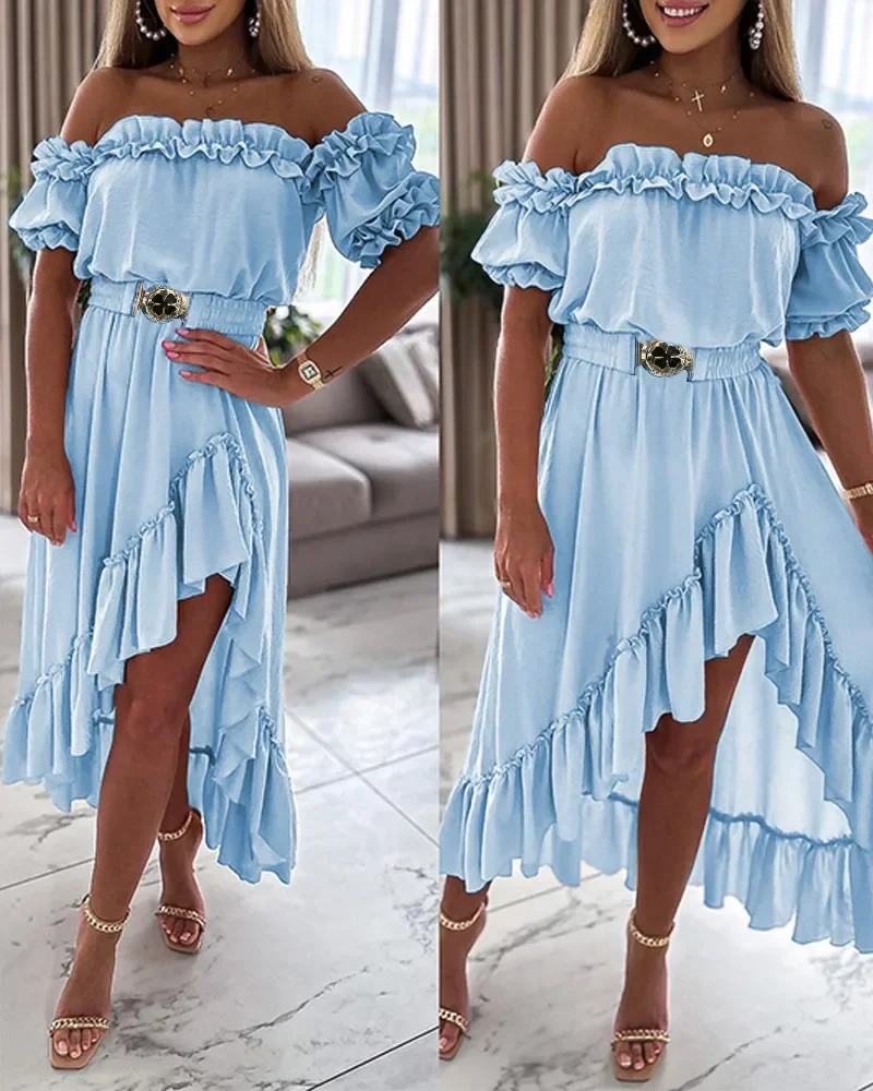 Summer Fashion Casual Dress Women Sexy Off The Shoulder Short Sleeve Ruffle Frill Hem Asymmetrical Maxi Dress