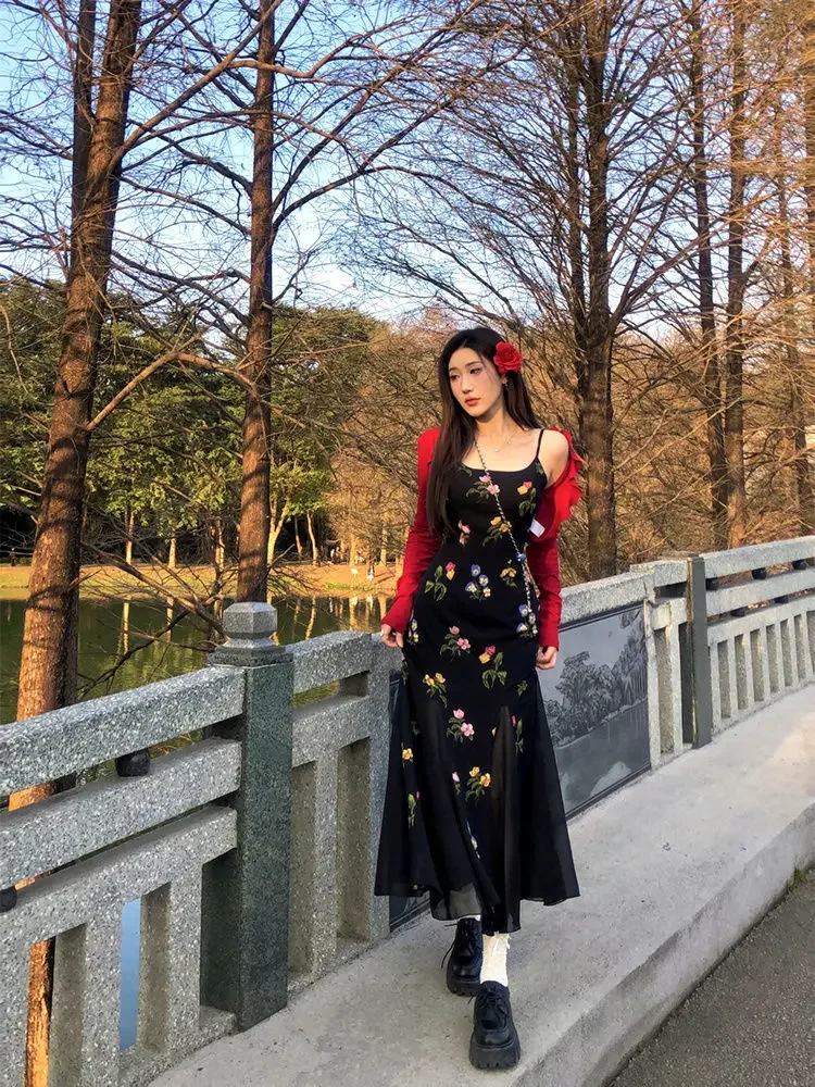 Zomer elegante bloemenpakjurk casual rood kort vest + sexy mouwloze midi-jurk zonnejurk feest Japanse modeset