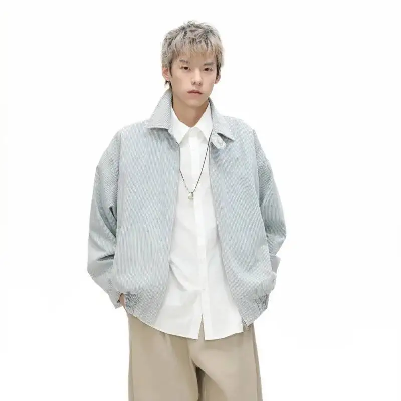 

2025 Autumn Korean Style Men's Wear Jackets Turn-down Collar Vertical Stripe Zipper All-match Trendy Male Short Coats