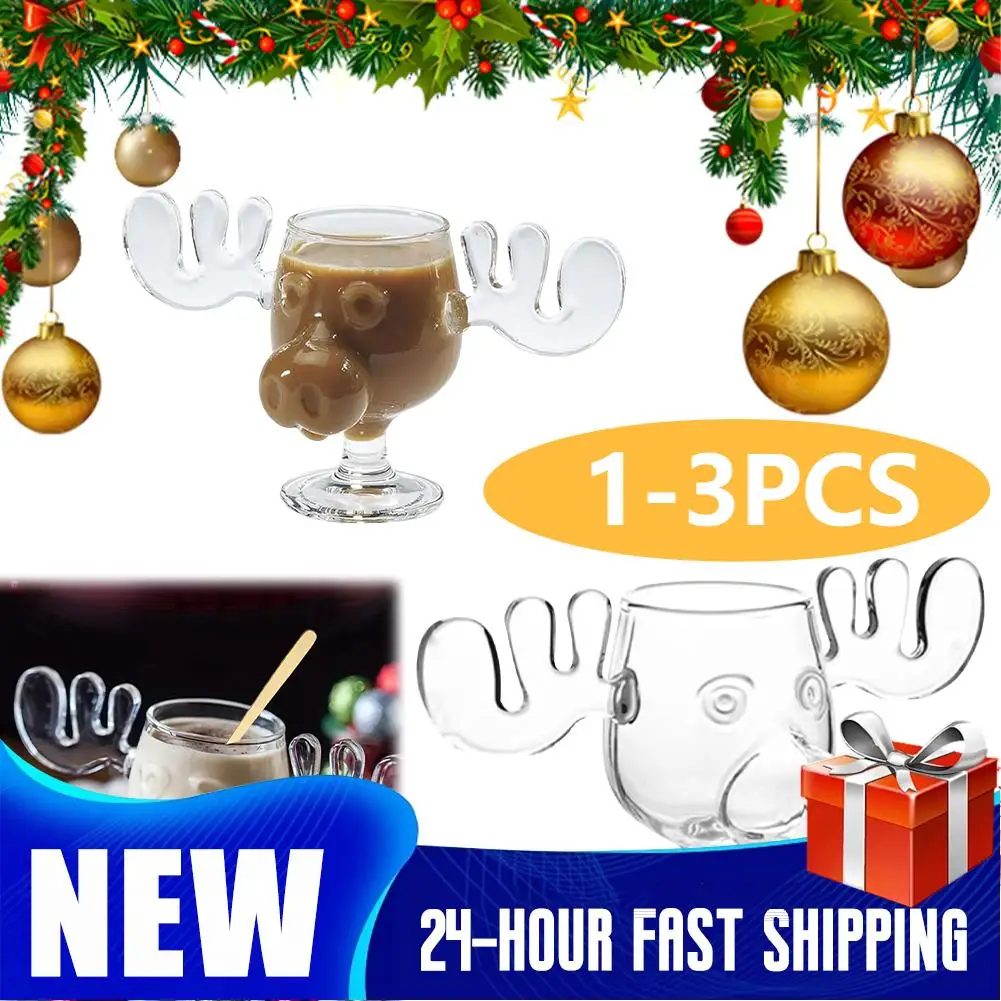 1-3 قطعة 240 مللي 8 أوقية عيد الميلاد موس القدح عيد الميلاد الرنة رئيس الإبداعية الأيائل الزجاج النبيذ البيرة عصير الماء الحليب كوب زجاجي شفاف