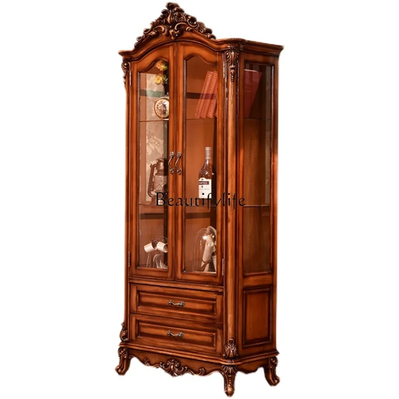

European Style Solid Wood Wine Cabinet American Style Villa Luxury Carved Gold Living Room Glass Entrance Storage Cabinet