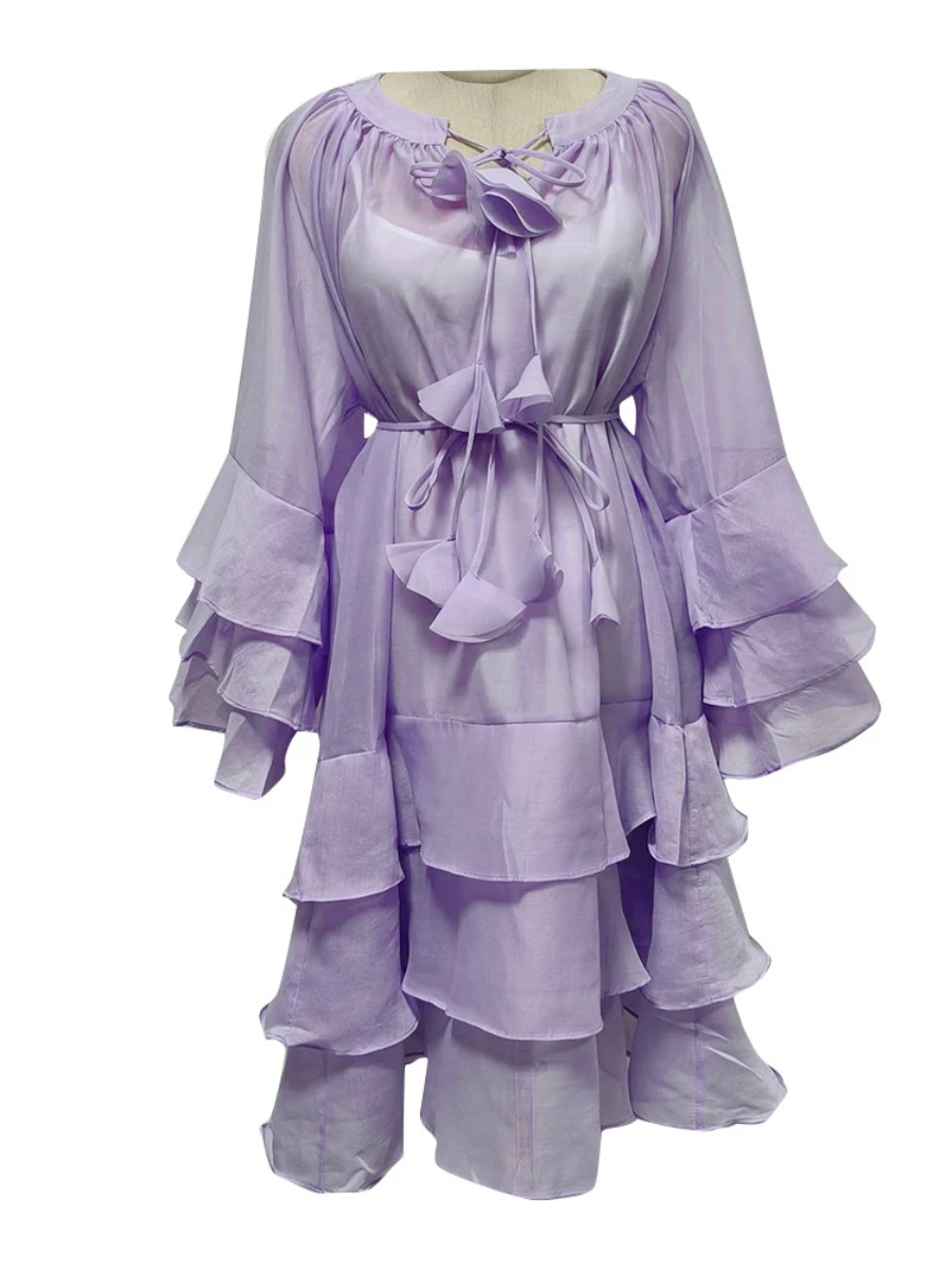 VGH Elegante abito in rete trasparente floreale con spacco per donna O collo manica svasata vita alta Pathwork volant mini abiti dimagranti femminili