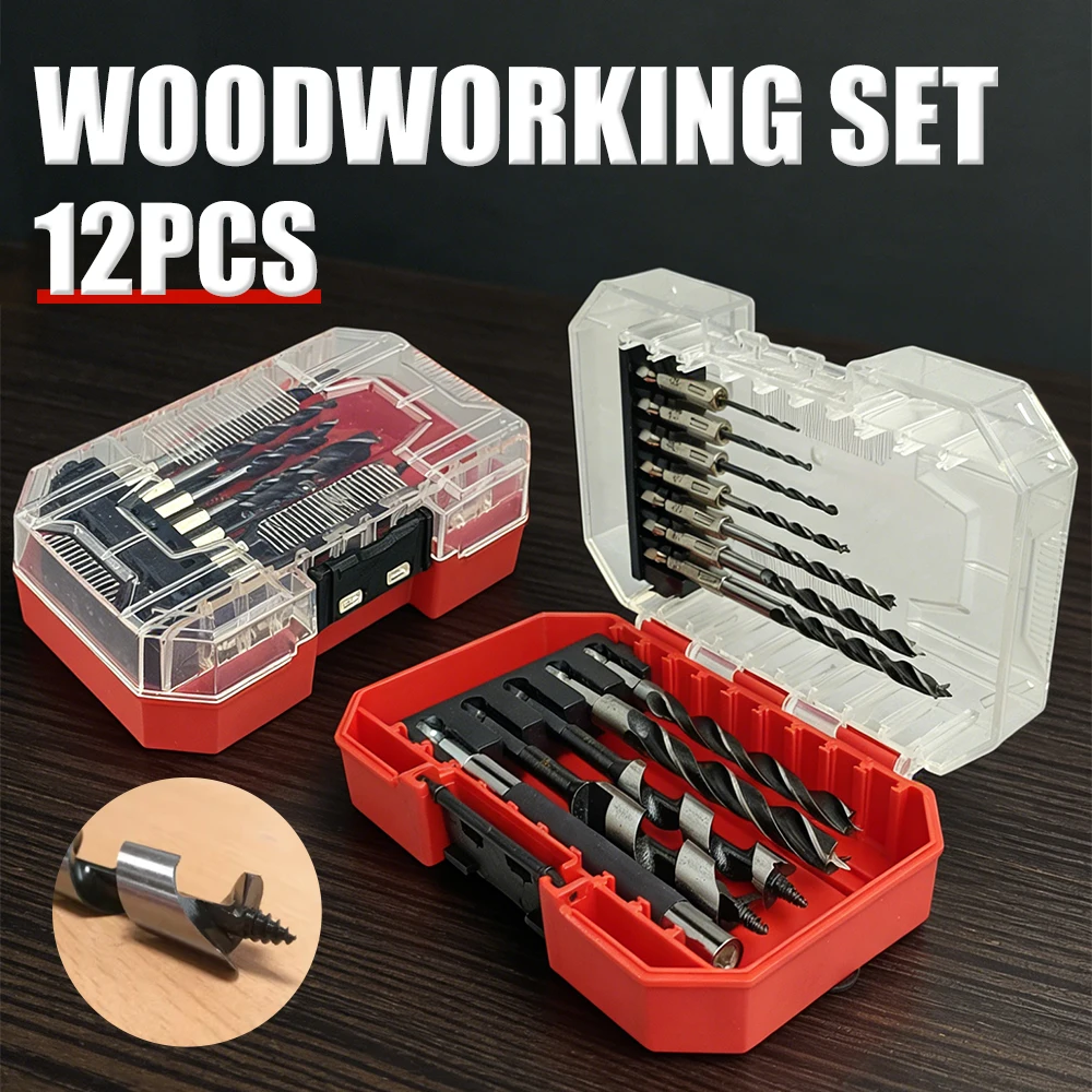 

12PCS Multi-Function Wood Drill Bit Set, Brad Point & Auger Bits with Extension Rod, Woodworking Drilling Tool