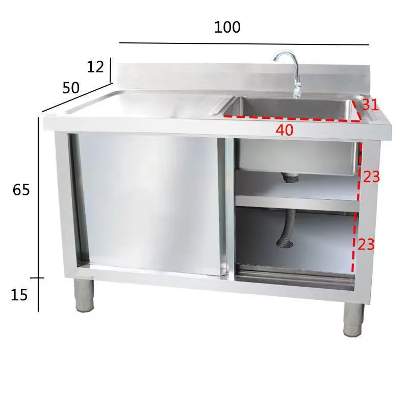 Stainless Steel Vegetable Sink, All-in-One Kitchen Sink and Storage Cabinet, Single-Basin Drainboard Cabinet, Adjustable Feet view 2