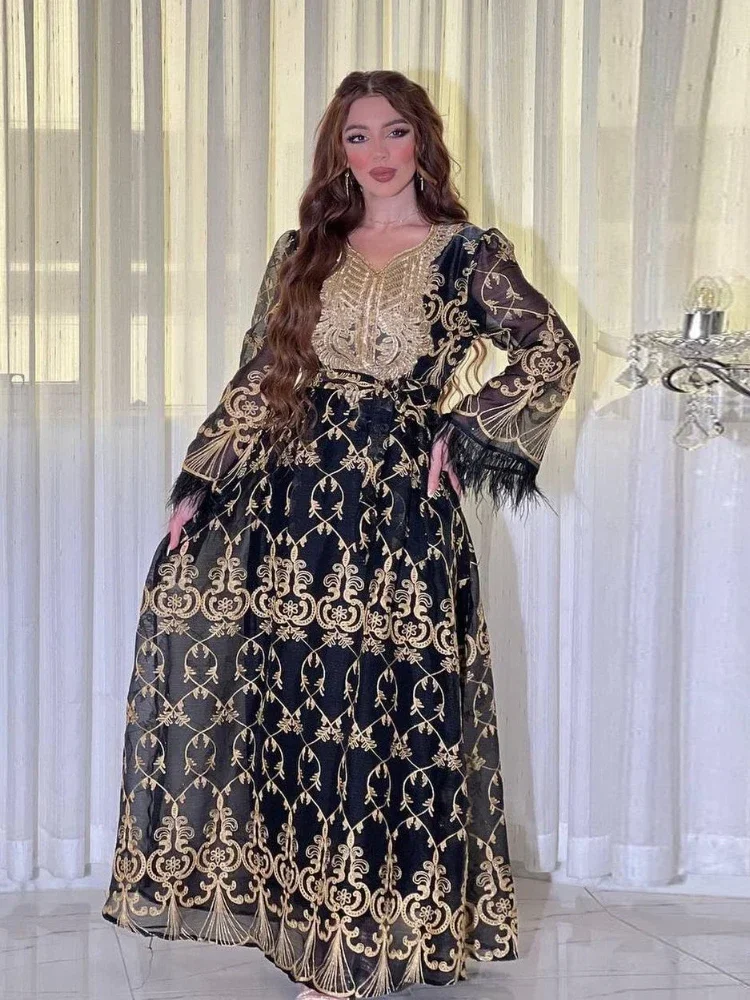 Eid Muslim Morocco Dress for Women Abaya Jalabiya Feather Embroidery Party Dresses Dubai Abayas Kaftan Islam Vestidos Arab Robe