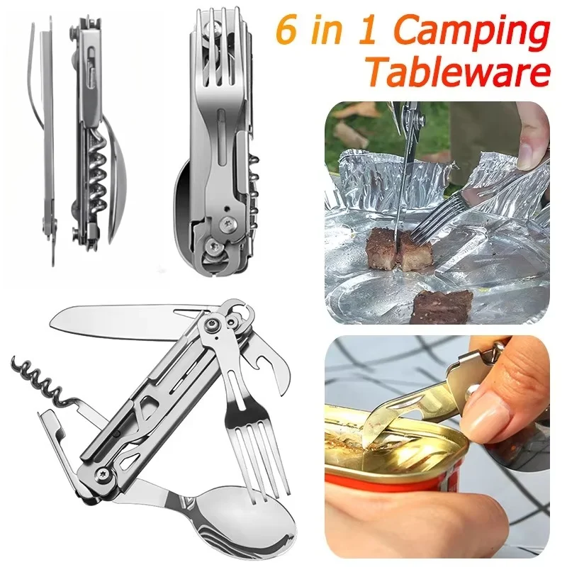 Multifunctional Cutlery Set Portable Folding Camping Tableware Stainless Steel Knife Fork Spoon Can Opener Outdoor Equipment