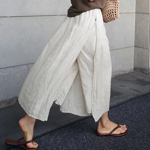 Women's Spring and Summer Loose Casual Nine-point Pants Fake Two-piece Cotton and Linen Wide-leg Pants Skirt