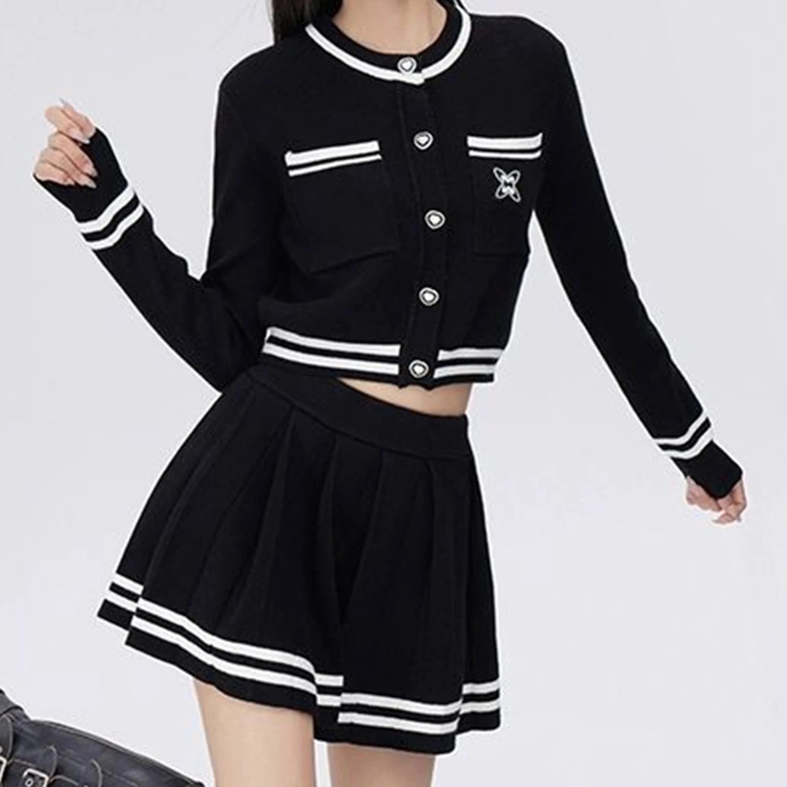 Color Contrast Knitted Half Skirt Set Women\'s Academy Style Two-piece Set Short Cardigan+Pleated Short Skirts Spring Autumn New