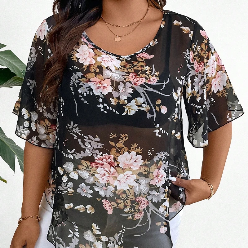 سترة شيفون بأكمام قصيرة ، غطاء مطبوع للحوم ، غاز أجنبي جديد ، مقاس كبير ، الصيف