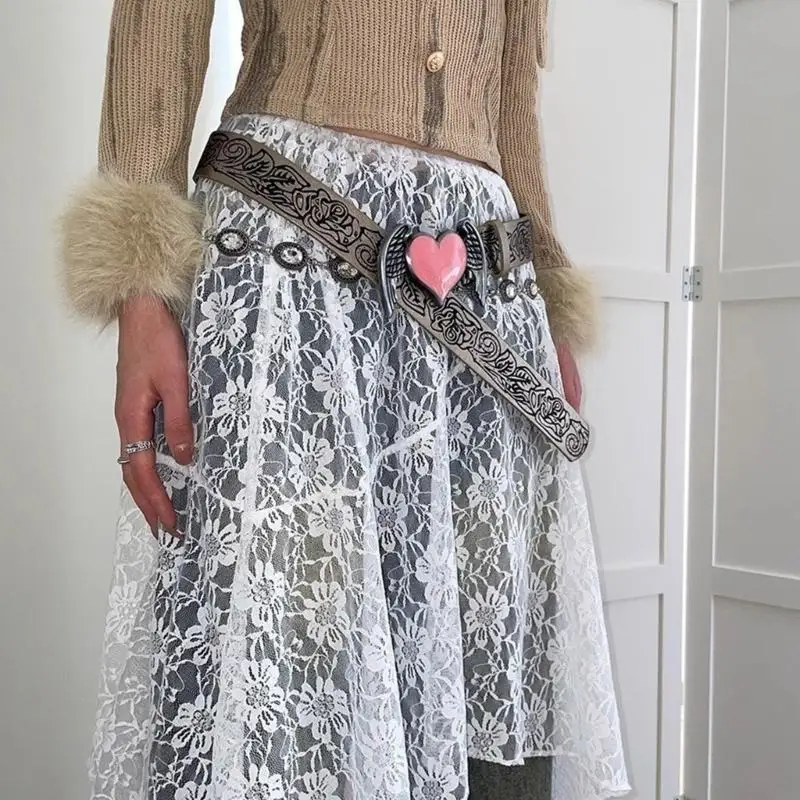 39BC Damska spódnica w stylu vintage z elastycznym pasem, nieregularna, warstwowa, przezroczysta, kwiecista, koronkowa długa