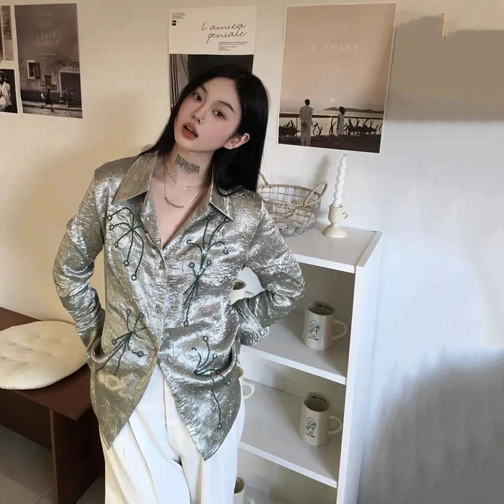 Blusa estampada bordada vintage feminina, blusa verde casual, camisa de peito único, streetwear estética doce, Harajuku, Y2k, 2024