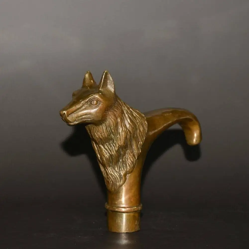 Brass Wolf Head Cane Handle with Curved Grip Metal Walking Stick Head Replacement Decorative Ornament Hand Carved Craft