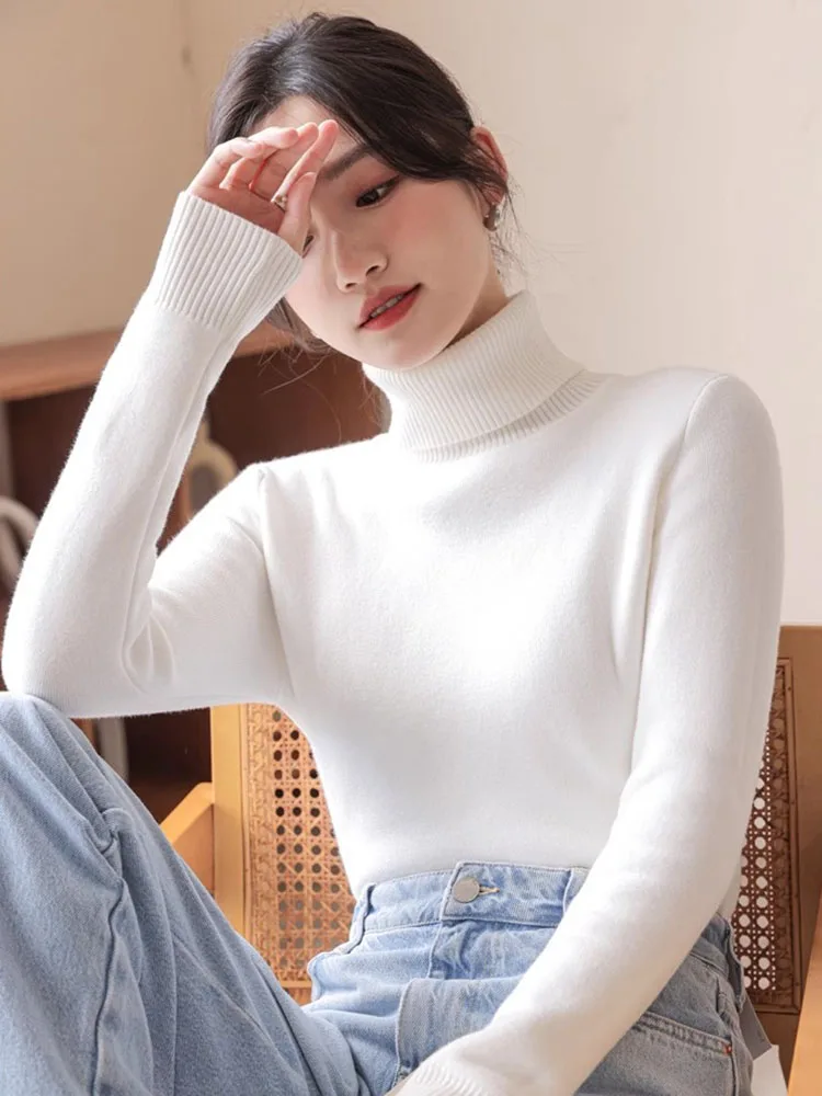 Winter Turtleneck Velvet Lined Knitted Sweater Women Thicken Slim Soft Pullover Tops Korean Candy Color Warm Knitwear Jumper