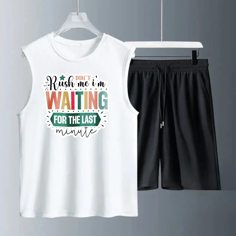 بدلة صدرية رجالية صيفية بدون أكمام مطبوعة انتظر ل تانك القمم + شورت ملابس رياضية بدلة رياضية رجالية سريعة الجفاف