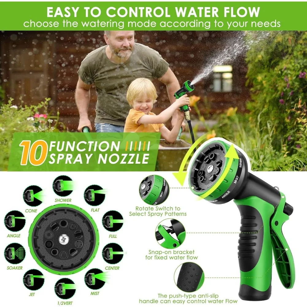 FlexiSolve Garden Hose 100 ft, Non-Expandable Ultra Lightweight & Flexible Water Hose With 10-Pattern Spray Nozzle, Kink-Free, L