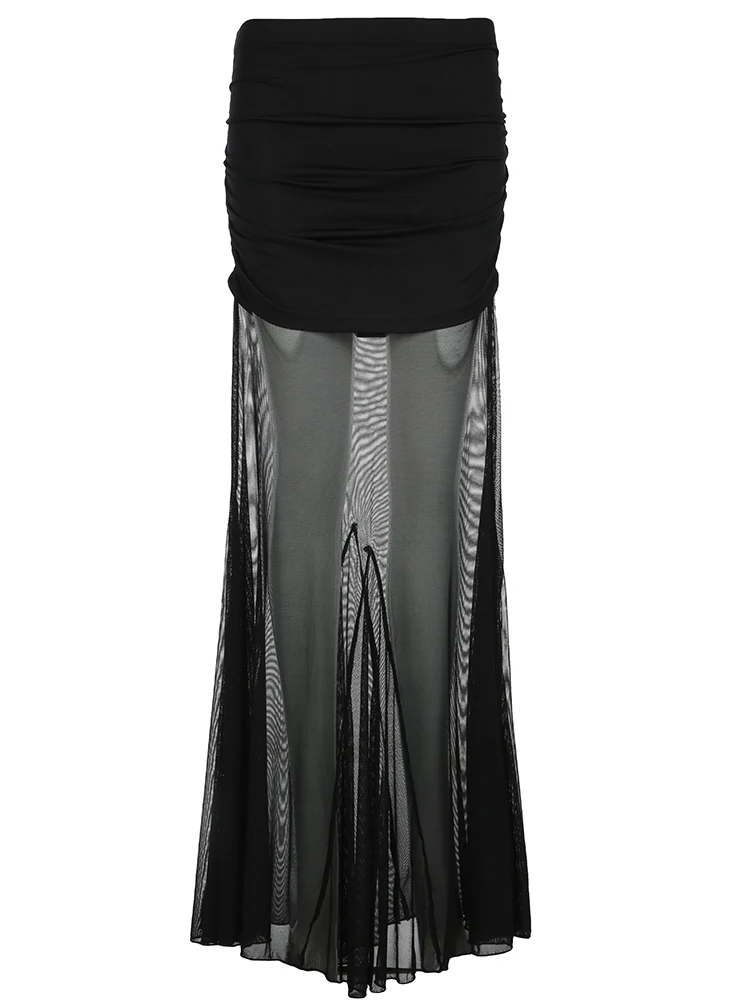 IAMSURE See Through Dark Solid Mesh Skirt Gothic Sexy Slim Transparent Mid-Waisted Maxi Skirts Women 2024 Streetwear Holiday