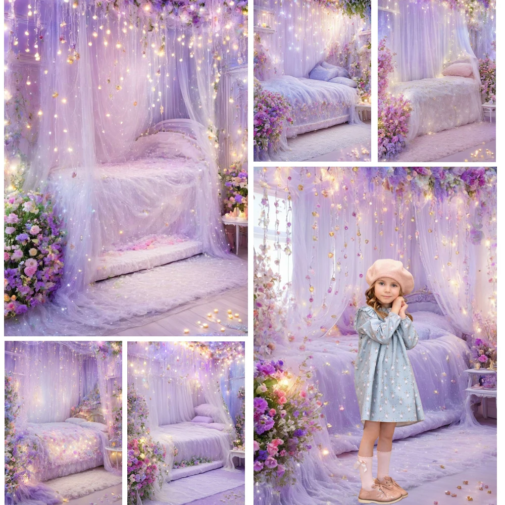 

MOON.QG Enchanting Purple Floral Birthday Background String Light Bed Curtains Backdrops For Photography Photo Studio Photobooth