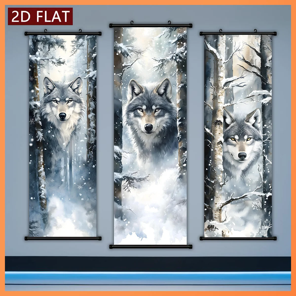VIKAMA Winter Snowy Forest Gray Wolf 3 Piece Wall Scroll Tapestry Set Watercolor Animal Wall Art Decor for Living Room Bedroom