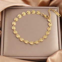 Gold Silver Color Stainless Steel Round Chain Bracelet Women Fashion Metal Thin Shiny Flower Carving Bracelets Female Jewelry