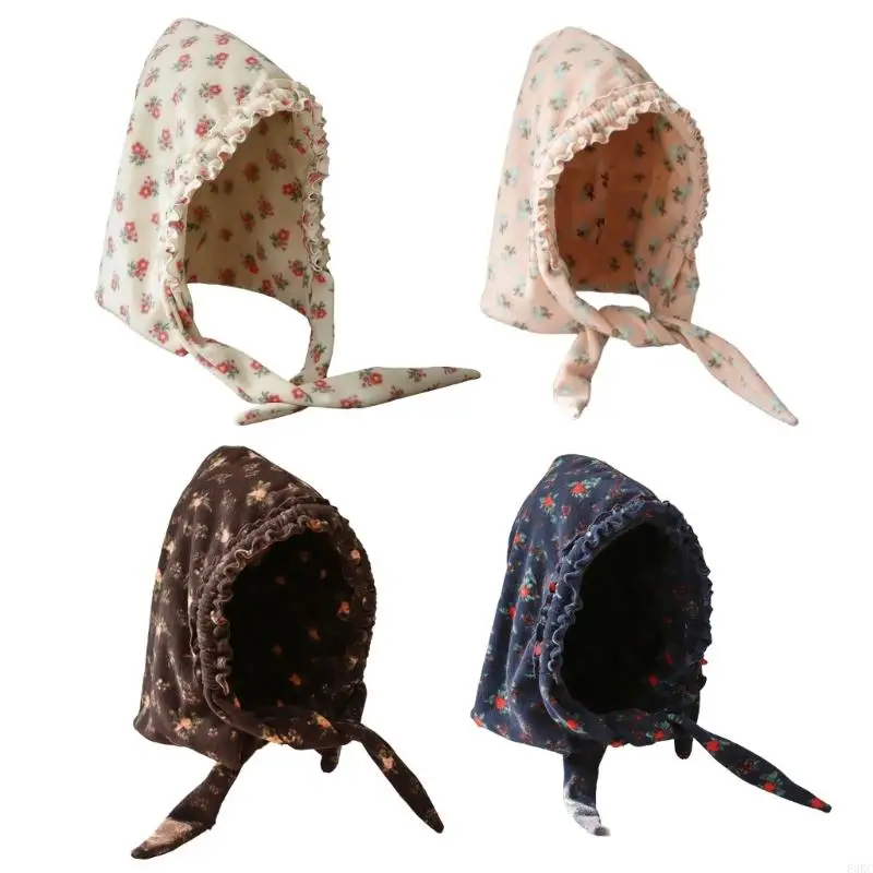 

F3KC Plush Floral Pattern Earmuffs Bonnet Hat For Winter Sports Daily Use Warm Chin Strap Tied Easy Wash Polyester Cotton