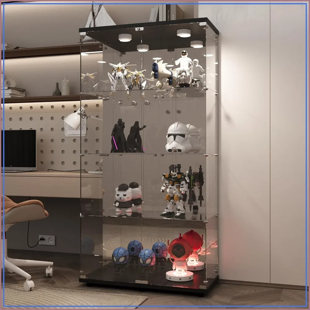 LFT HUIMEI2Y 4-Tier Glass Cabinet with Mirror & LED, Black Display Case