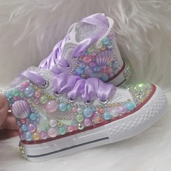 Handmade Rhinestones Bling Girls Womens Kids And Mother Candy Canvas Shoes Pearls Sneakers For Girl Birthday Party Wedding