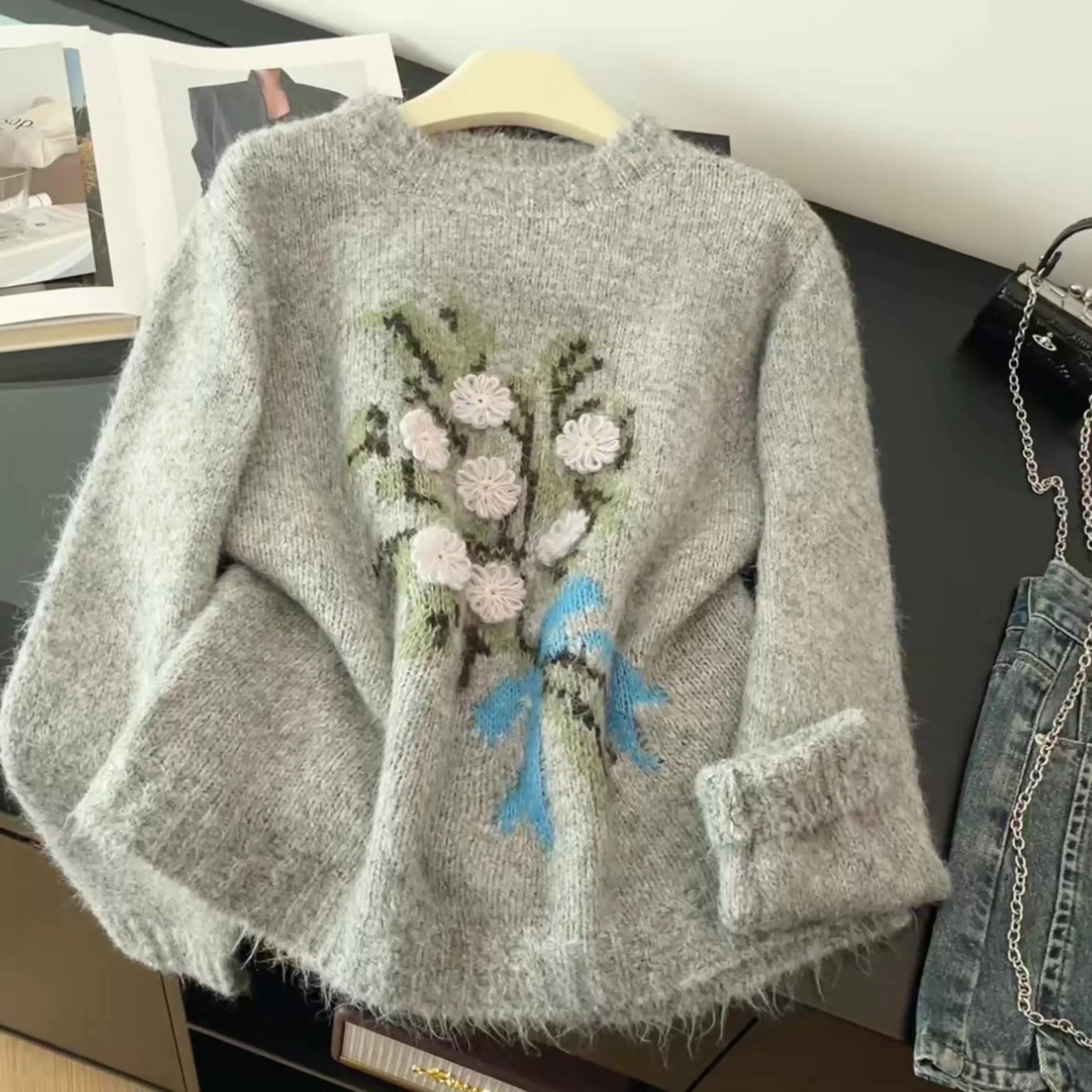 

Women Grey Pullover Knit Jacquard Sweater 2000s Vintage Long Sleeves Cozy Cashmere Sweater For Women Clothes Spring Autumn 2025