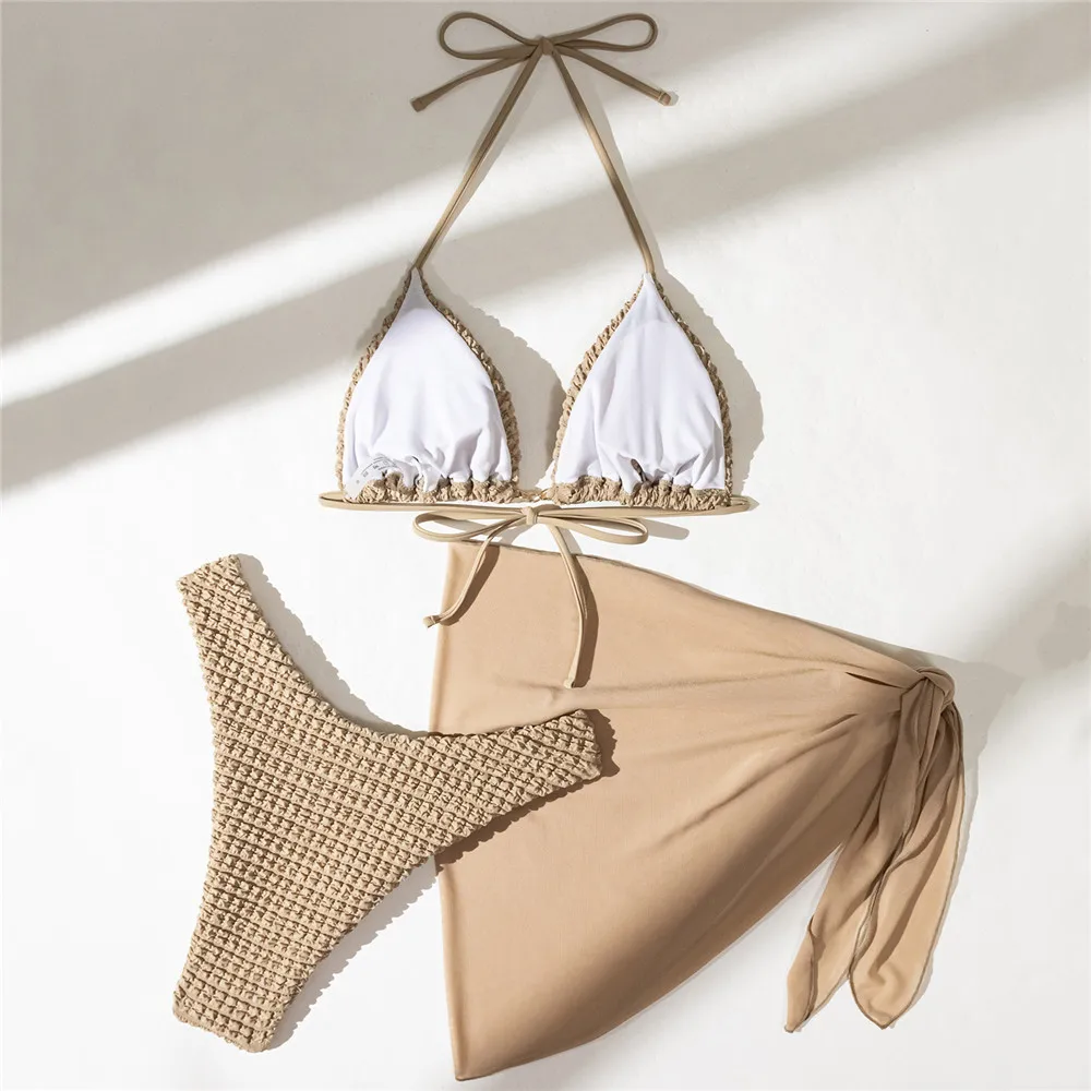 Bikini Set Sexy Khaki Textured Swimwear with Cover Up Halter Triangle Bikinis 2024 String Swimsuit Women Bathing Suit 3 Piece