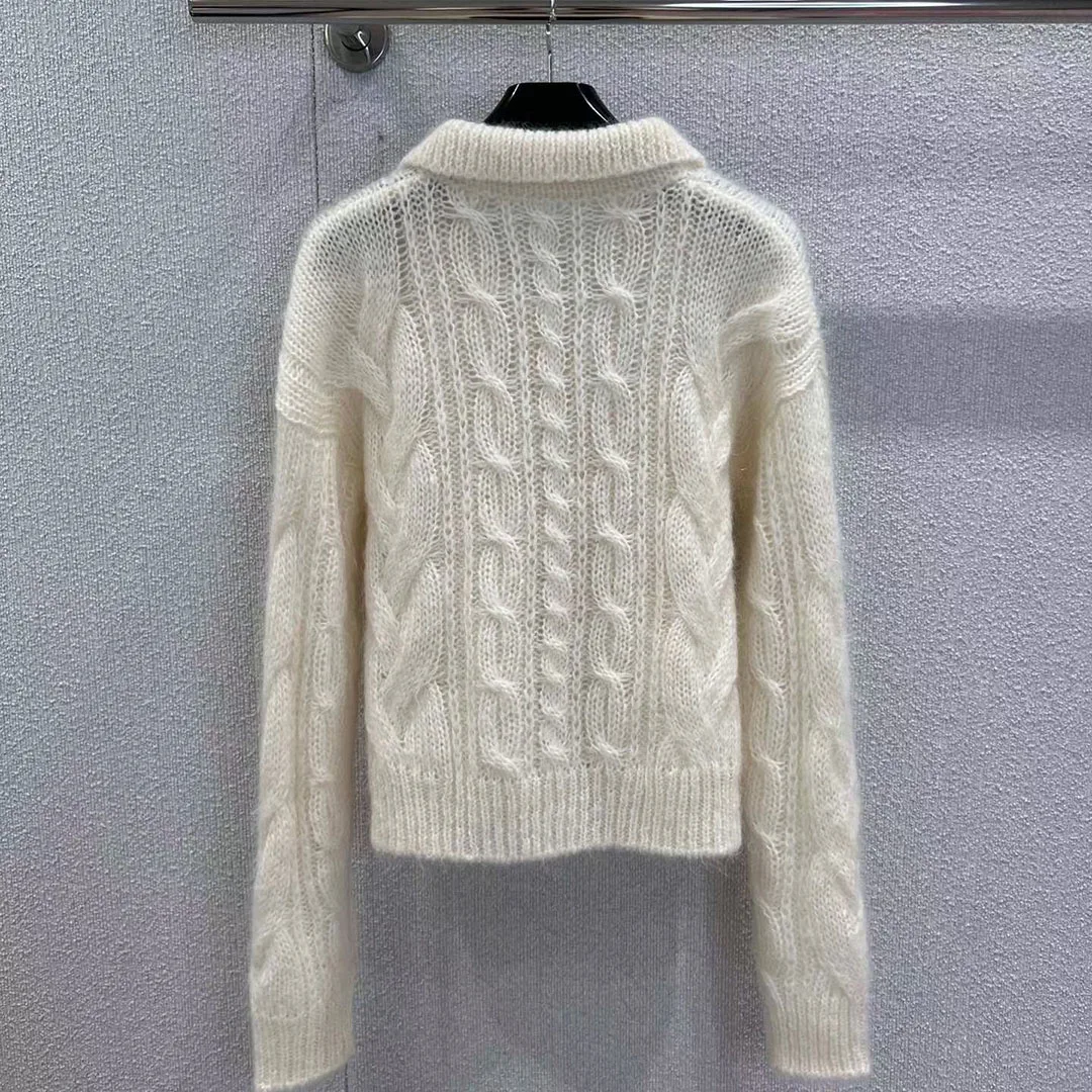 

Luxury Soft Mohair and Wool Blends Knitted Pullover Women Solid Color Lapel Buttons Crochet Twist Pattern Sweet Autumn Sweater