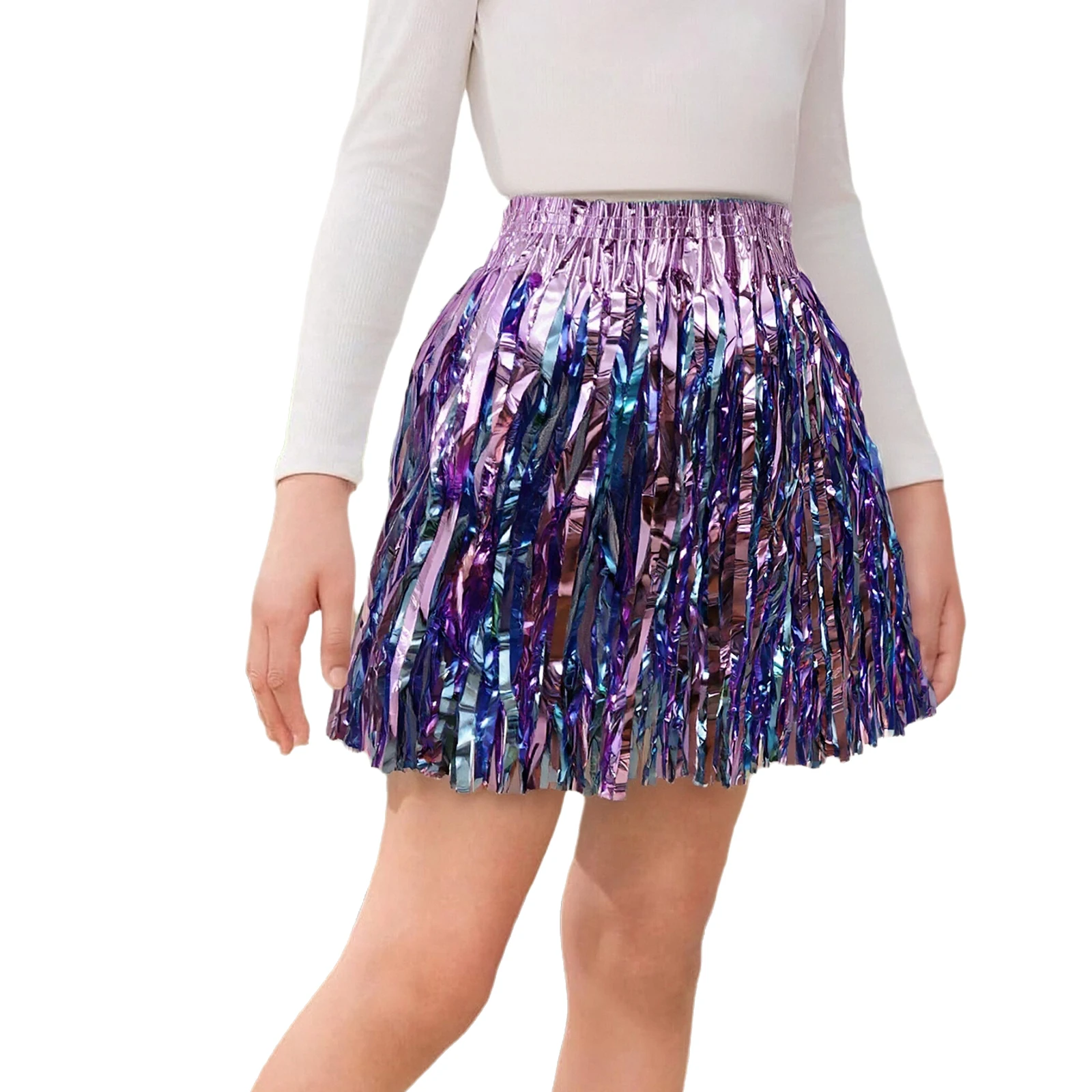 

Kids Girls Sparkly Foil Fringe Belly Latin Dance Skirt Elastic Waist Tassel Shorts Belly Dance Skirts Rave Festival Outfits