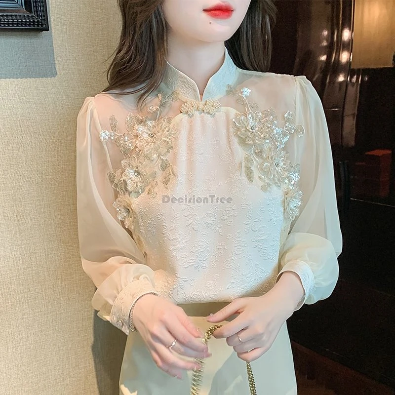 2024 vintage chinese style versatile tang suit top improved jacquard patchwork qipao top new fashion design sense chiffon blouse