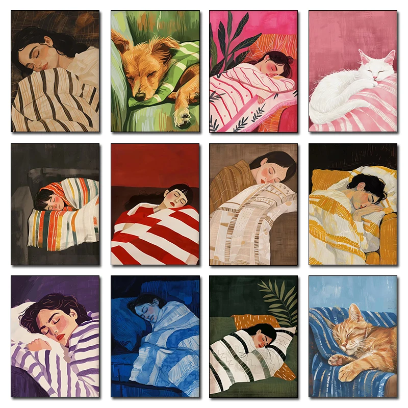 Colourful Sleeping Woman and Pet Cat Dog Poster Minimalist Vintage Girl Animal Canvas Painting Wall Art Living Room Home Deco