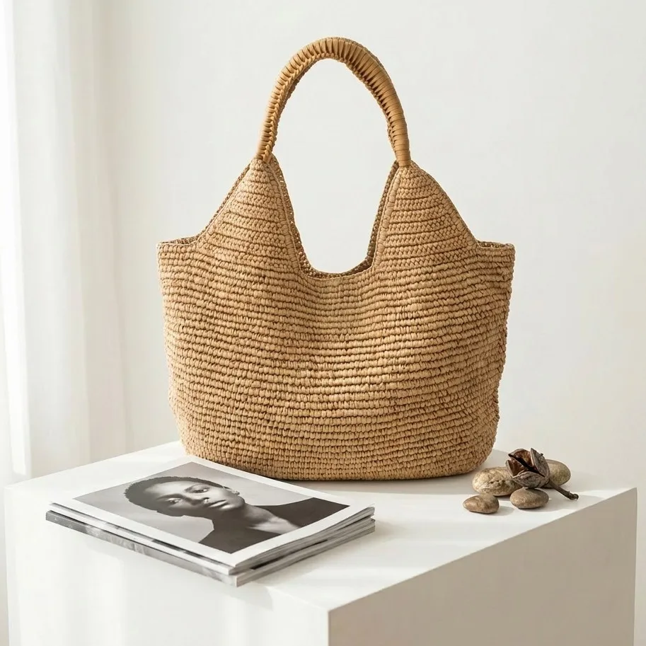Handwoven Large Capacity Straw Tote Bag Beach Shoulder Bag Casual Travel Soft Oval Shape Double Strap Vintage Style Women's Bag
