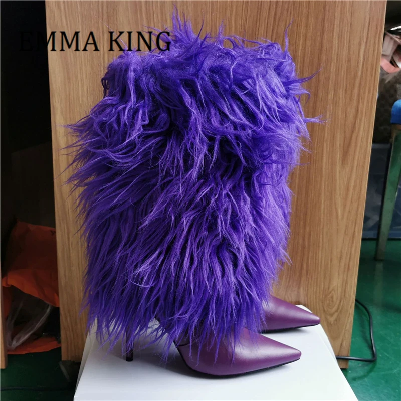 Women Fluffy Faux Fur Mid Calf Boots Sexy Pointed Toe Stiletto Heel Boots Female Ball Party Dress Shoes Zapatos Para Mujer 45