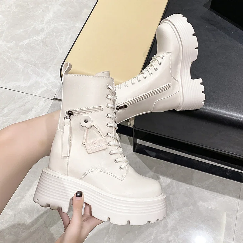 New 2023 Autumn Platform Mid-calf Boots 9CM High Heels Women Thick Sole Winter Leather Punk Shoes Chunky Motorcycle Boots Woman