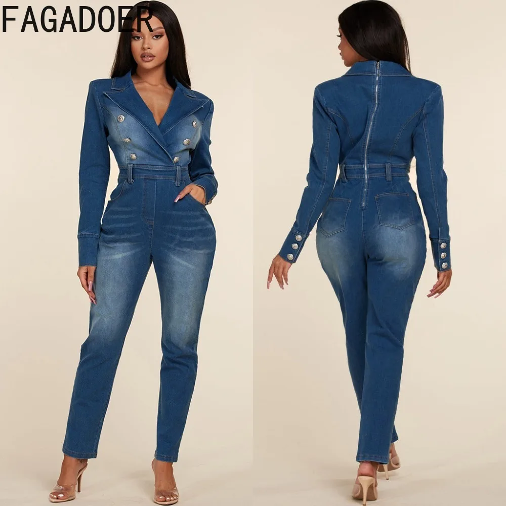 

FAGADOER Autumn Casual Button Skinny Denim Jumpsuits Women Turndown Collar Long Sleeve Pocket Playsuit Elegant OL Cowboy Overall