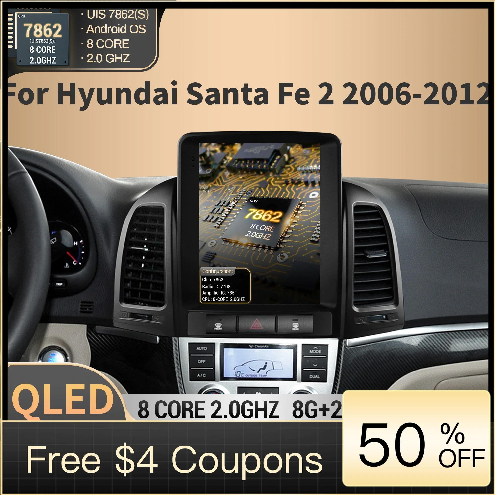 9.7″ Android For Hyundai Santa Fe 2 2006 2007 2008 2009 2010-2012 Car Radio Multimedia Navigation system GPS Carplay QLED Screen