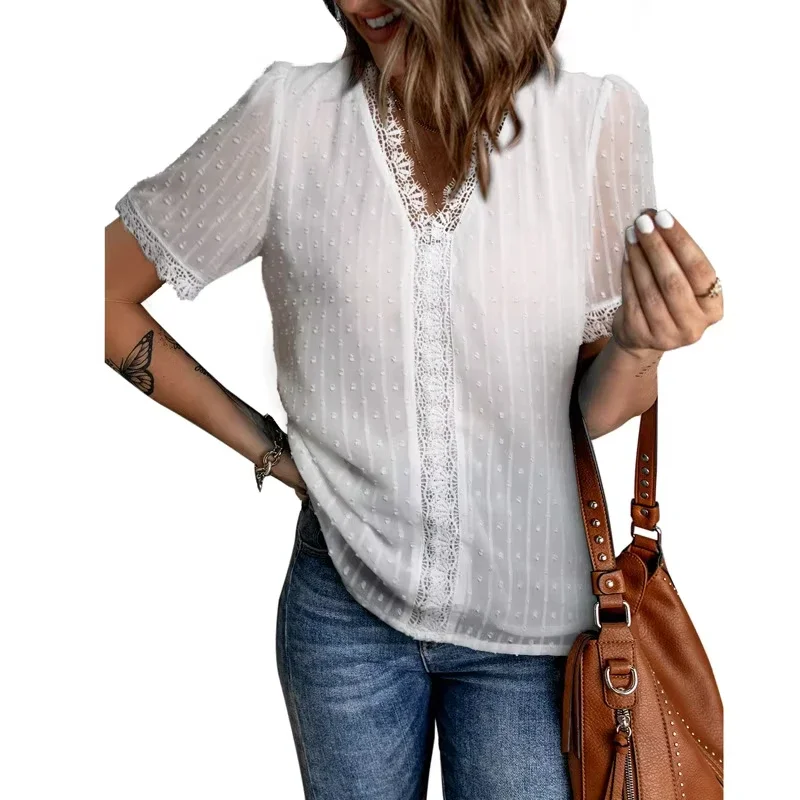FDEY Women's Solid Lace Chiffon Short Sleeve Shirt V-neck Blouse Casual Commuter Formal Dress Women's Shirt