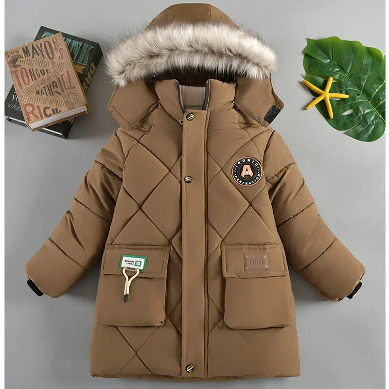 3-10Years Winter Keep Warm Boys Jacket Thick Solid Color Fur Collar Detachable Hat Hooded Coat For Kids Children Outerwear