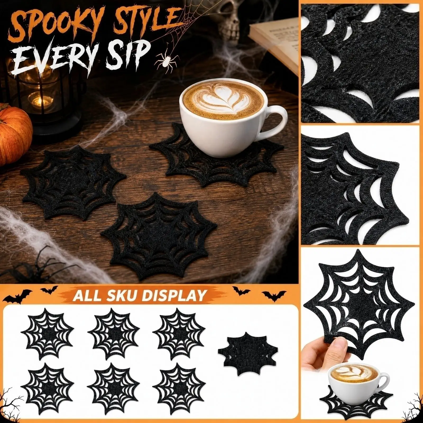 Black Spiderweb Non-woven Fabric Coasters, Halloween  Party Decorative Coasters, Tabletop Heat Insulation Mat, 6-pack