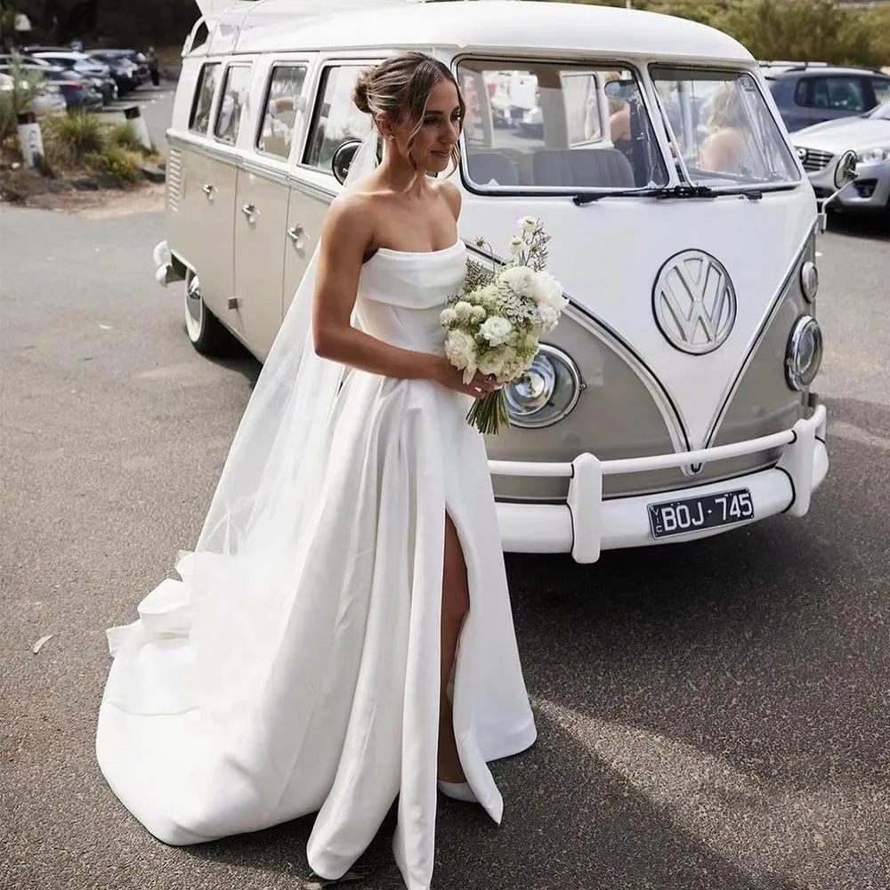 Customized High Quality Pleat Satin A LIine Princess Wedding Dress For Woman Bride Side Slit Split Wedding Gown Bridal Gown