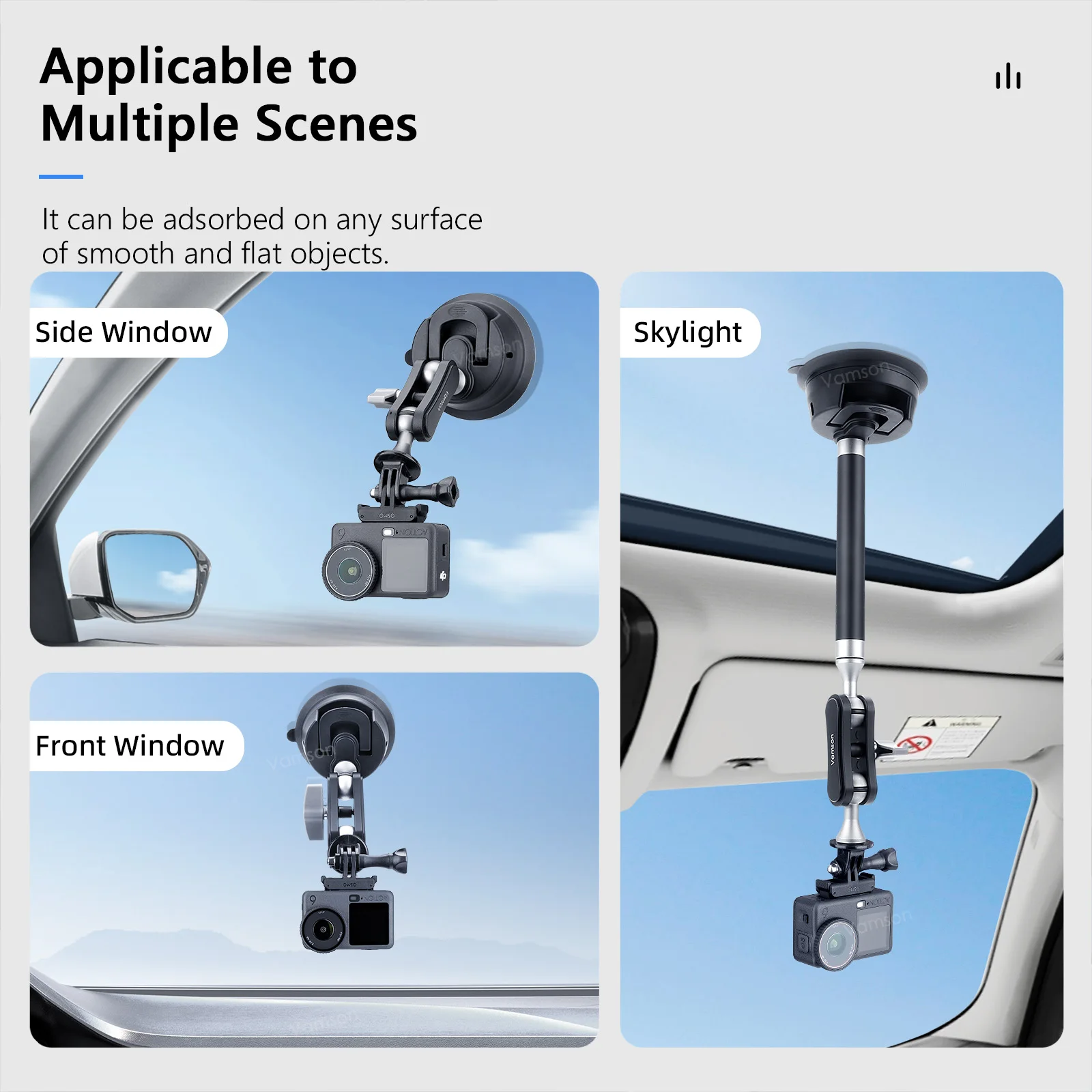 Vamson Car Suction Cup Mount for DJI Osmo Action 6/5/4/Nano 360 Sports Camera 360° Swivel Vacuum Windshield Bracket for Shooting