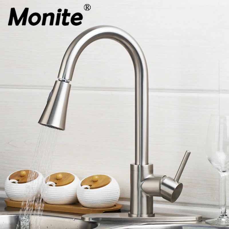 

Kitchen Faucet Mixer Tap Pull out Spray brushed nickel single hand kitchen tap mixer brass & Cover Plate