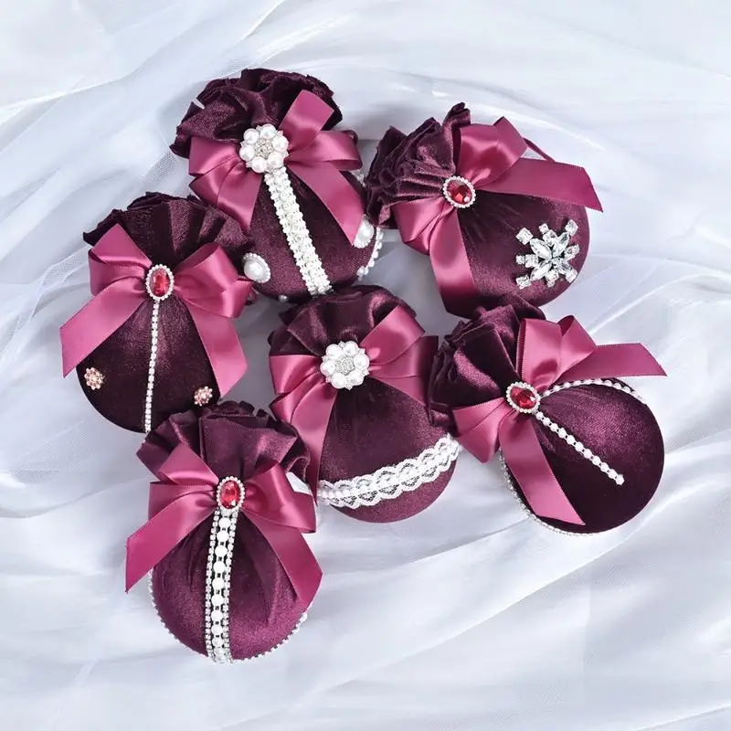 

6pcs Christmas Ball Velvet Cloth Bag Micro Diamond Ribbon Bow European American Decoration Pendant
